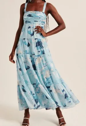 Abercrombie & Fitch Blue Print Ruched Tiered Babydoll Maxi Dress Size S NWT thumbnail 1