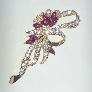 Elegant Gold Tone and Pink Rhinestone Floral Brooch thumbnail 1