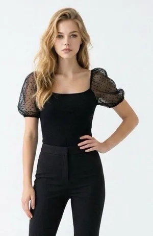 Altar'd State Black Puff Sleeve Square Neck Top thumbnail 1