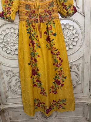 Farm Rio Boho Floral Dream Yellow Smocked Midi Dress - Sz Small thumbnail 5