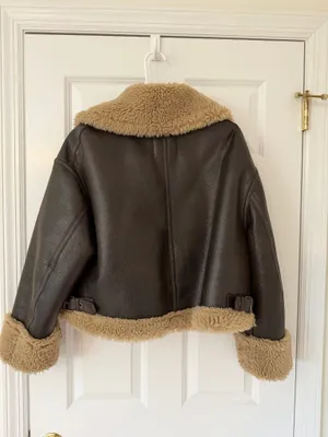 Zara short faux shearling leather brown crop jacket thumbnail 3