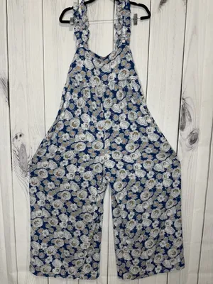 KORI Floral Maxi Jumpsuit Blue White Sleeveless Sz L Ruffle Straps Back Sash Tie thumbnail 1