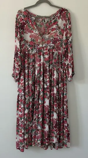 Anthropologie RAGA Pink Red Rose Floral Long Sleeve Tie Neck Boho Maxi Flowy Dress M thumbnail 1