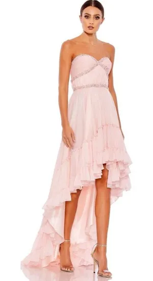 Mac Duggal Strapless Beaded Ruffle High Low Prom Gown Ice Pink Size 4 Princess thumbnail 1
