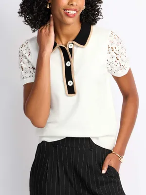 Wardrobe Womens Ivory Lace Polo Sweater Top Medium Contrast Collar Preppy Mod thumbnail 1