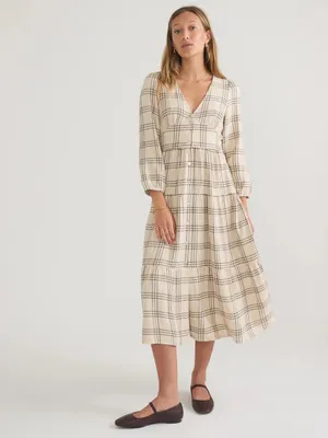 Marine Layer Maeve Maxi Dress NWOT Small Cream Windowpane Plaid Tiered V-Neck thumbnail 2
