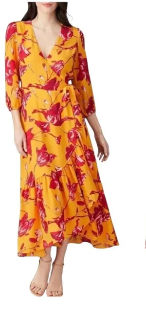 Color Me Courtney Dress Womens Small Yellow‎ Red Floral Print Eleanor Wrap Midi thumbnail 1