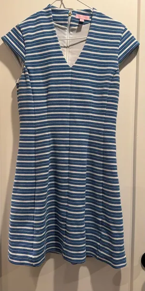 Lilly Pulitzer Bree Blue and White V-neck Striped Fit & Flare Dress Size M‎ thumbnail 1