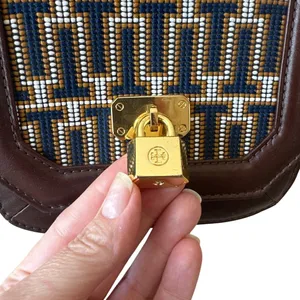 Tory Burch Mini Crossbody‎ Navy Brown Logo Jacquard Lock Bag thumbnail 7