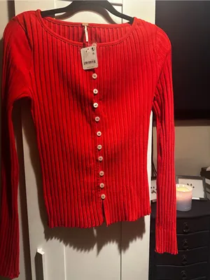 NWT Free People Tilly Long Sleeve Cardi-High Risk Red thumbnail 7