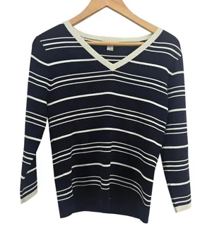 Pendleton Sweater Womens S V-Neck Navy Blue Striped 3/4 Sleeve EUC thumbnail 1