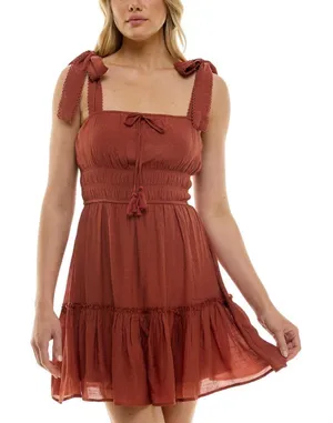 NWT Trixxi Juniors Square-Neck Tie-Strap Fit Flare Mini Dress Brown Orange S thumbnail 1