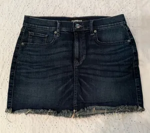 Express Dark Wash Denim Mini Skirt with Frayed Hem thumbnail 1