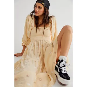 Free People Dahlia Embroidered Maxi Dress Sand Gauzy Smocked Size Small Cotton thumbnail 15