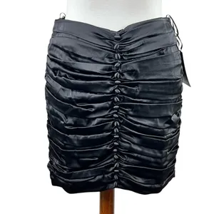 NWT Retrofête Ina Black Silk Satin Ruched Mini Skirt M Holiday Party thumbnail 2