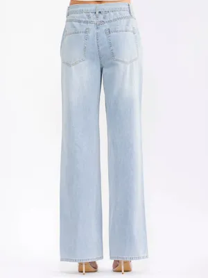 Nordstrom WOMEN'S BUTTON CLOSURE POCKETS RHINESTONES BELTED WIDE LEG DENIM PANTS thumbnail 4