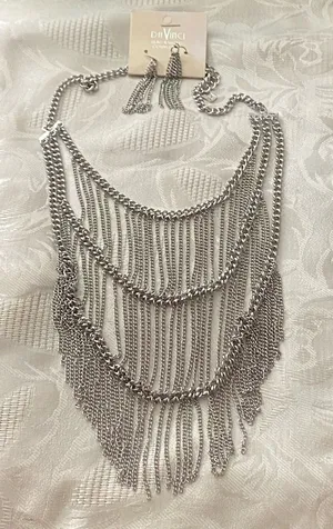 DaVinci Silver Tone Necklace & Earrings Set 3 Rows Fringe Statement Festival New thumbnail 1