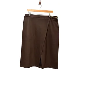 Marc New York Andrew Marc Brown Faux Leather Wrap Midi Skirt Gold Chain M3MSE247 thumbnail 2