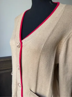 Beige Cardigan with Pink Trim V thumbnail 2