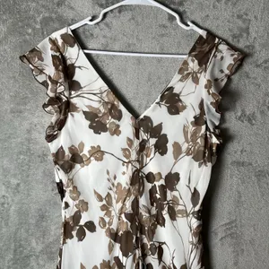 Vintage Y2K Earthy Brown Floral Bohemian Midi Dress‎ Tie Waist Large thumbnail 3