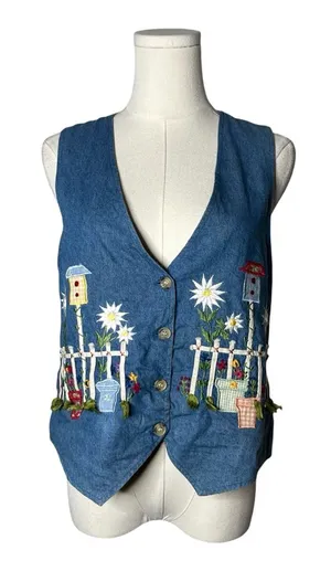 90s Vintage Garden Embroidered Denim Button Front Vest Artsy Boho Cottagecore thumbnail 1