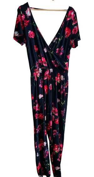 Express Floral Surplice Jumpsuit Large Navy Pink Womens Stretch Knit thumbnail 1