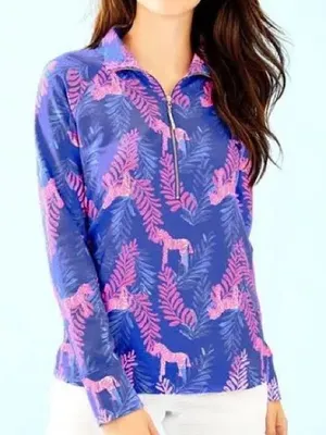 Lilly Pulitzer Skipper Popover Women S Blue Pink Zebra Leaf Print Excellent thumbnail 1