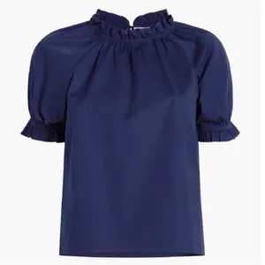 NEW Hill House The Kit Top Puff Sleeve Ruffle Navy Blue Boho Preppy Old Money XS New no tags Measurement in pics thumbnail 5
