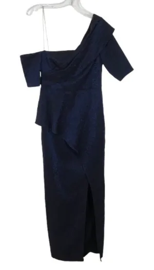 NWT Aidan Mattox Womens Size 6 Blue One Shoulder Metallic Maxi Dress Gown NEW thumbnail 1