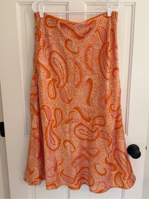 1.STATE Orange Pink Paisley Print Satin Midi Skirt Lined‎ Size 12 thumbnail 2