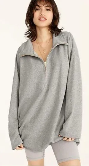 J.Crew University Terry Long Half-Zip Tunic Sweatshirt Heather Grey Cozy Chic thumbnail 1