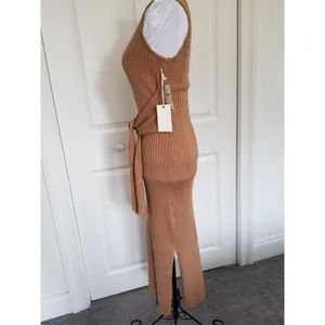 GOOD AMERICAN Sleeveless Rib Knit Tie Waist Midi Dress Taupe Tan Size 2 M thumbnail 6