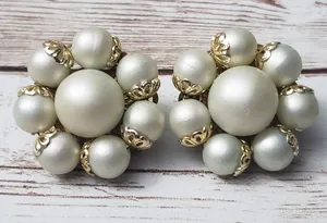 Vintage Clip On Earrings - Pretty Faux Pearl Cluster with Gold Tone Detail 1" thumbnail 1
