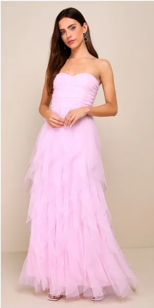LULU’S Delightful Beauty Pink Mesh Strapless Ruched Ruffled Maxi Dress thumbnail 1