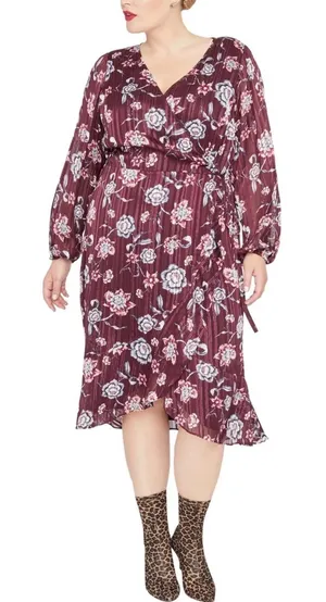 Rachel Rachel Roy Floral Metallic‎ Pleated Caron Wrap Midi Dress 24W Burgundy thumbnail 1