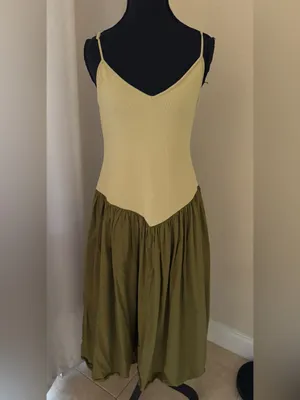 Maeve Anthropologie Ribbed Drop Waist Midi Dress Olive Green Cream Large thumbnail 2