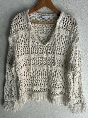 ZARA Cream Crochet Open Knit Fringe Hoodie Sweater Granola Gritty Boho Medium thumbnail 2