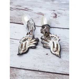 Vintage Clip On Earrings Extra Large Faux Pearl & Clear Gem Statement Dangle thumbnail 6