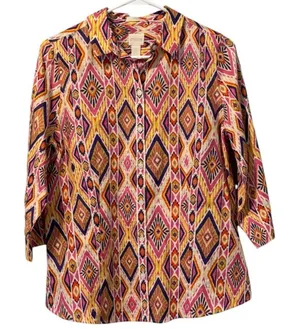 Chicos‎ Womens Size 0 Linen No Iron Button Up Shirt 3/4 Sleeve Aztec Colorful thumbnail 1