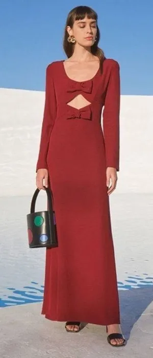 Staud Lido Womens Red Double Bow Cut Out Long Sleeve Maxi A-Line Gown Dress Sz 8 thumbnail 1