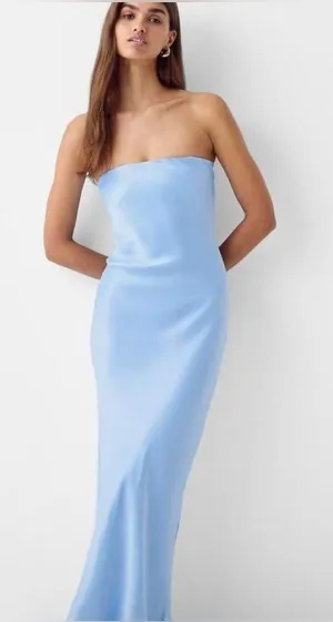 Bershka satin bandeau maxi dress in dusty blue small thumbnail 1