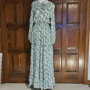 Skemo Blue‎ Yellow Long Dress Beaded Ruffle Hem Small Maxi Tiered Boho Abstract thumbnail 2