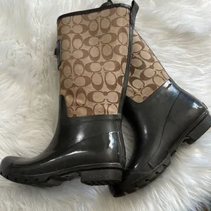 Coach Womens Brown Beige Logo Lace-Up Round Toe Rain Boots Size 6B thumbnail 1