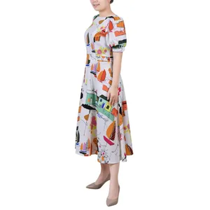 NWT Ny Collection Sleeve Midi Length Jacquard Dress Country Painting White S thumbnail 2