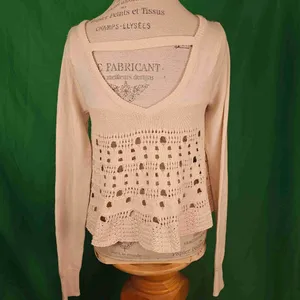 Free‎ People Womens Cream & Purple Deep V Neck Wool Blend Knit Sweater Large thumbnail 2