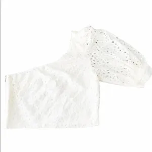 TopShop One Shoulder Floral Lace Puff Sleeve Top 4 White Ivory Autumn v6x Cream thumbnail 3