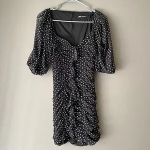 ZARA Polka Dot Ruched Mini Dress M Black‎ thumbnail 3