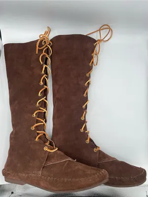 Vintage TAOS 9 Brown Suede Knee High Lace Up Moccasin Boots Boho Western thumbnail 3