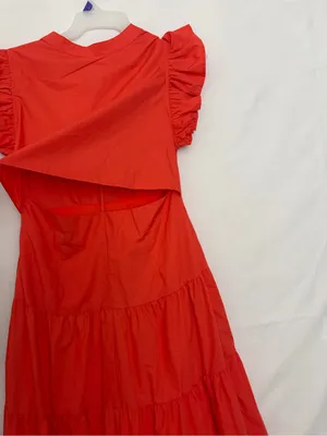 Entro Tiered Midi Dress Large Red Orange Ruffle Sleeve Back Cutout NWOT(A906) thumbnail 12