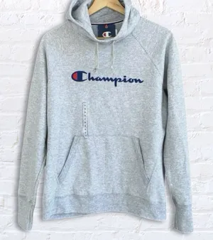 Champion Powerblend Fleece Funnel Hoodie Womens M Gray Classic Script Logo thumbnail 1